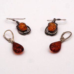 Vintage Group of Faux Amber and Feathers Artisan Sterling Silver Dangle Earrings